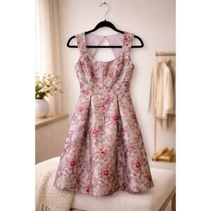 Aidan Mattox Floral Jacquard Dress 2 Pink Lilac Metallic Fit Flare Pockets Prom